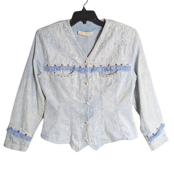 Vintage 90s Monique Fashions Blue Studded Stonewash Denim Jacket & Skirt Set L - Picture 7 of 14